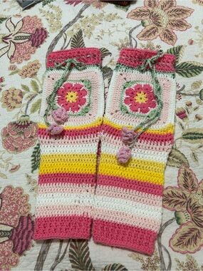 Handmade Crochet Floral Leg Warmers in Pink, Yellow & White